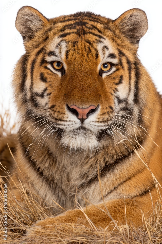 Obraz premium Close Up Portrait of a Majestic Tiger in Tall Grass Against White Background