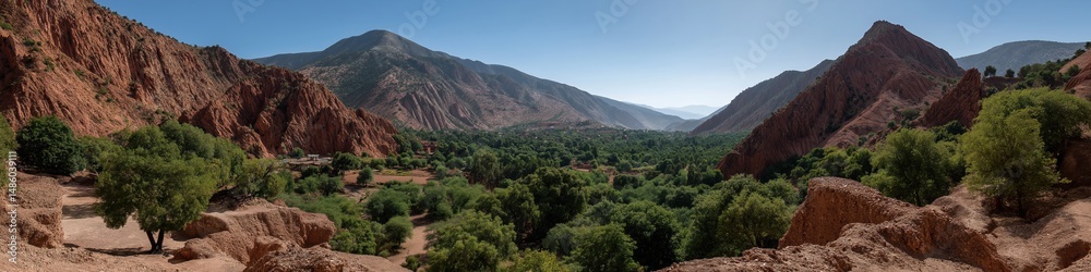 Fototapeta premium A mountain range with a valley in between. The valley is lush with trees and bushes. The sky is clear and blue