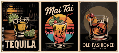 Cocktails retro poster set. Tequila, Mai Tai, Old Fashioned. Collection of popular alcohol drinks. Vintage style flat vector illustrations for bar, pub, restaurant, kitchen wall art.