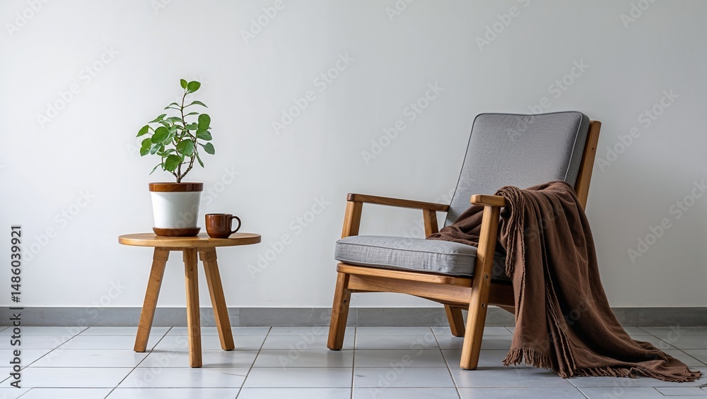 Fototapeta premium Interior scene featuring a wooden chair with a blanket and a plant on a small round table near it