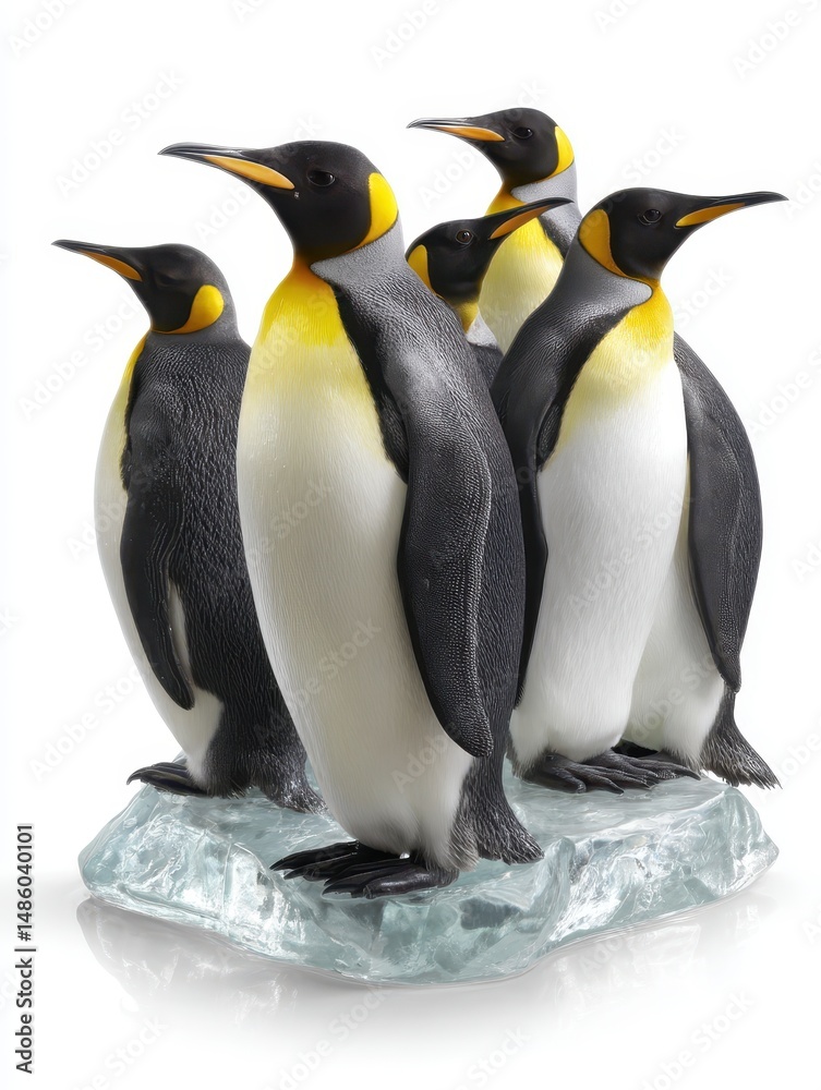 Fototapeta premium Five King Penguins on Iceberg, White Background