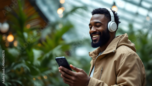 Young Man Relaxing with Headphones and Smartphone Among Plants