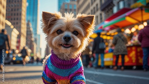 Adorable small dog in a colorful sweater enjoys a stroll through a bustling city street. The city's energy provides a vibrant backdrop.
