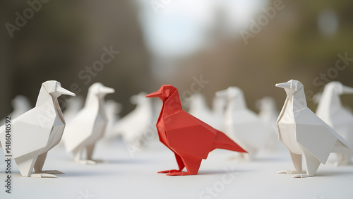 Stand Out from the Crowd Concept with Red Origami Bird