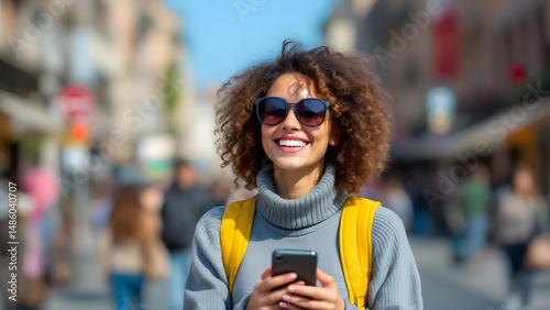 Trendy Woman Exploring City with Mobile Phone