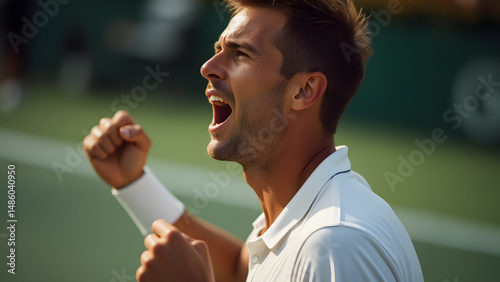 Male Tennis Player Celebrating Victory on a Court with Copy Space