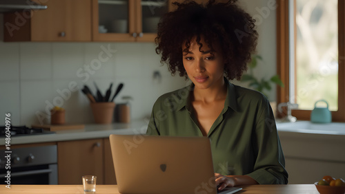 Focused Woman Working from Home on Laptop in Modern Kitchen