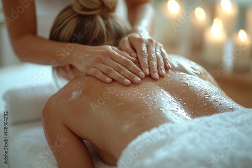 Wallpaper Mural In a spa salon, a woman is receiving a back massage with oil from a male masseur, captured from a top view, emphasizing therapeutic treatment Torontodigital.ca