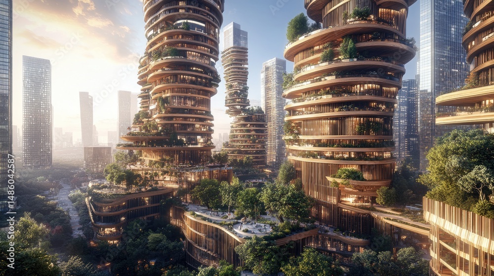 Obraz premium Futuristic eco-friendly skyscrapers with integrated greenery and balconies at sunrise.
