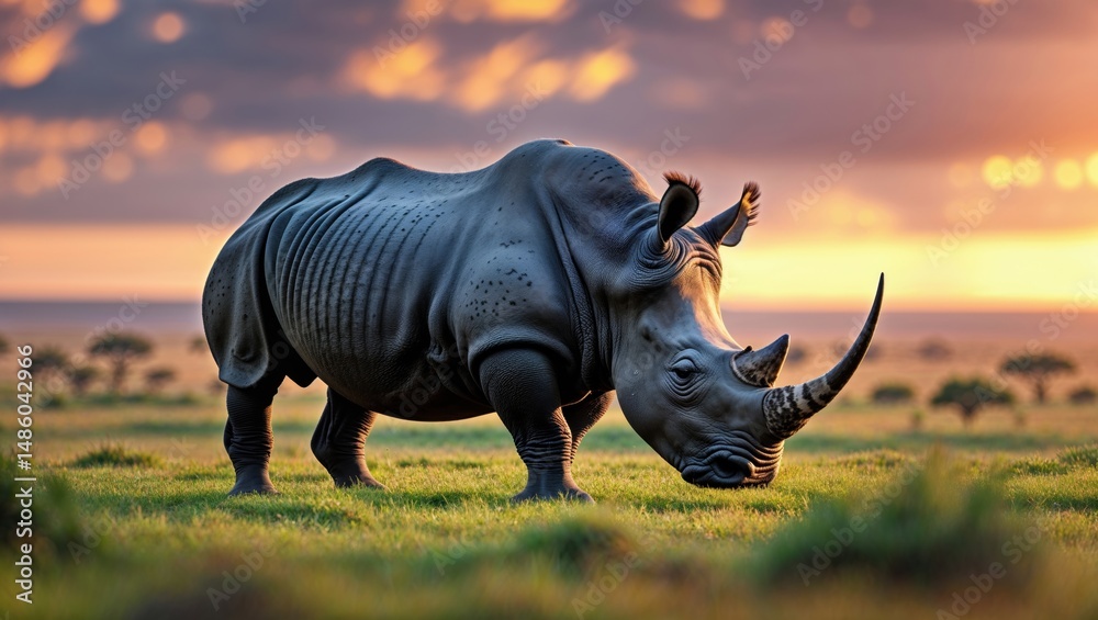 Obraz premium Majestic rhino silhouetted against a vibrant sunset, showcasing the beauty of African wildlife.