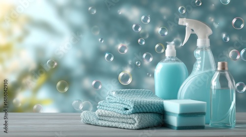 Wallpaper Mural Spring cleaning supplies on a wooden table, ready for use Torontodigital.ca