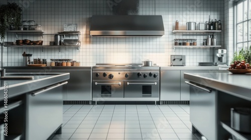 Modern professional stainless steel kitchen with large stove, exhaust hood, tiled walls and floors, shelves with jars and kitchenware, bright natural light