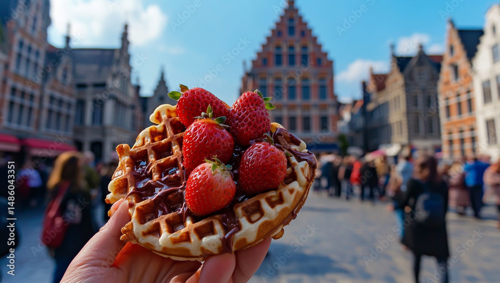 Naklejka premium A hand holding a waffle with chocolate and strawberries in front of the town hall on the Grand Place, in Bruges city, on a sunny day, with people walking around.