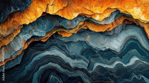 Close-up view of multicolored rock layers with textured formations in shades of orange, yellow, blue, and gray showing natural geological patterns
