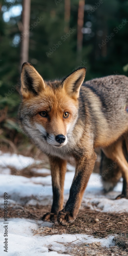 Fototapeta premium Red Fox in Snowy Winter Forest Close Up