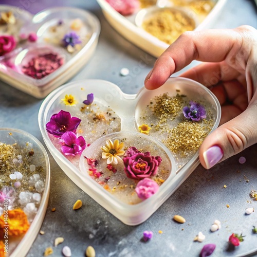 Heartfelt floral Resin Art: A delicate hand carefully presents a heart-shaped resin art piece adorned with vibrant flowers and shimmering accents. Each element tells a story of love and dedication.