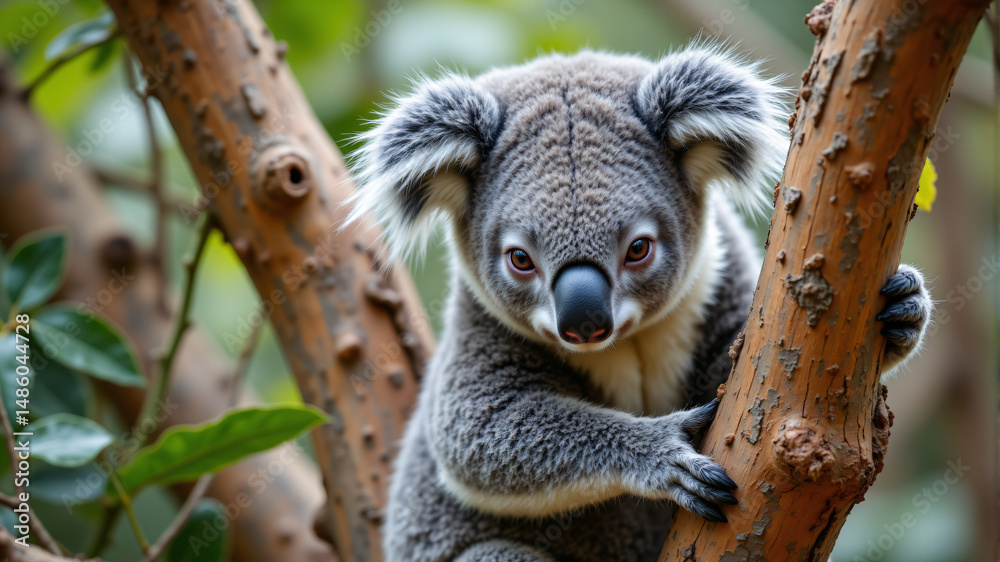 Fototapeta premium Adorable Koala Clinging to Tree in Natural Habitat