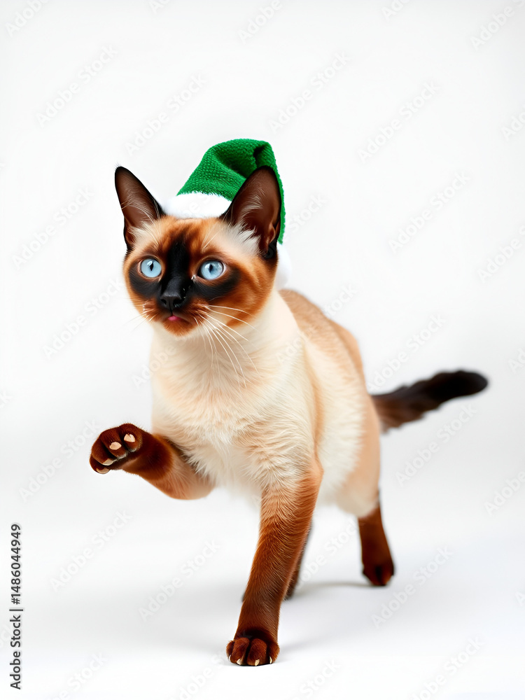 Obraz premium Siamese cat prancing happily while wearing a green and white Christmas hat on a white background