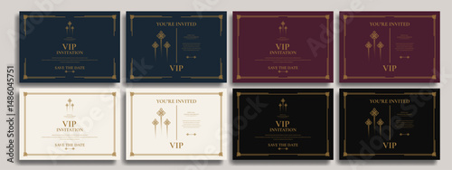 Vintage luxury horizontal invitation card template set. Elegant invitation design with minimalist gold line accents, ornaments, premium, and classic themes.