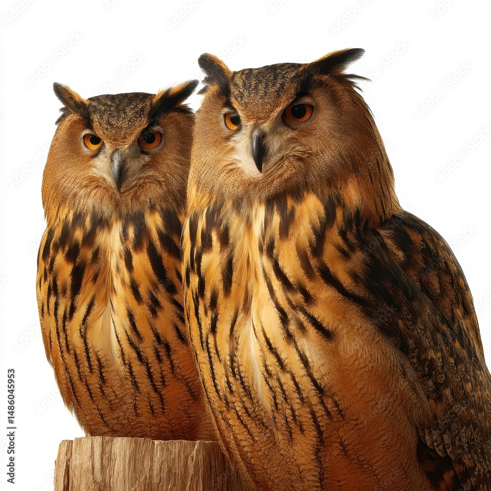 Obraz premium Two Eurasian Eagle Owls Perched on Wood Against White Background