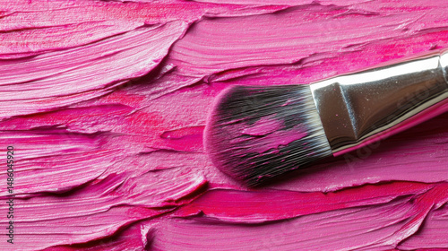 A close-up of a paintbrush gliding over textured layers of vibrant pink paint, showcasing artistic flair.