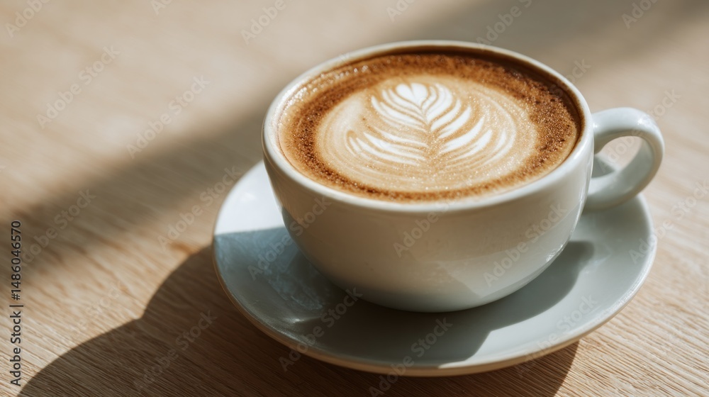 Fototapeta premium Sunlit latte art in a white cup on a wooden table