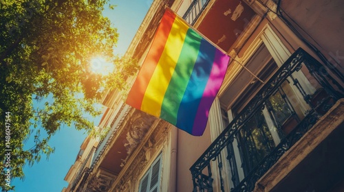 Vibrant Rainbow Pride Flag Hanging from Building Balcony Under Sunny Blue Sky