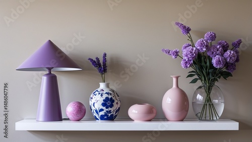 Still life of lamp, vases and flowers on a white shelf against a neutral colored wall backdrop