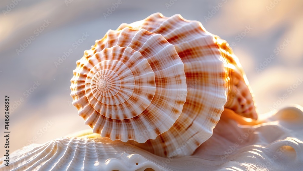 Obraz premium Close-up of a spiraled seashell resting on the sand, bathed in warm sunlight. The intricate details and warm colors create a serene and peaceful atmosphere.
