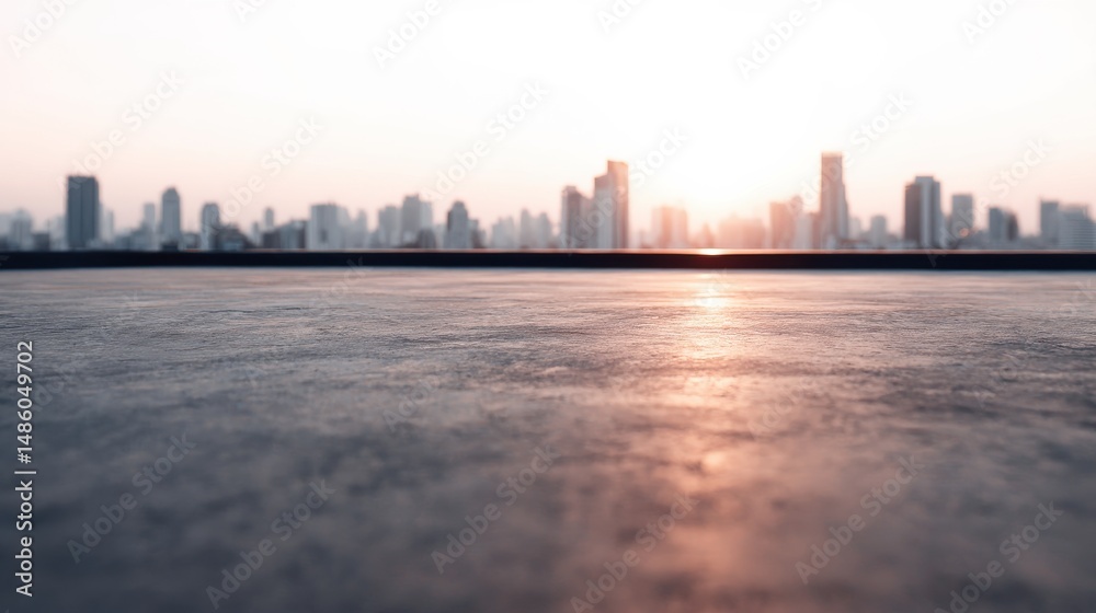 Fototapeta premium Urban Rooftop at Sunset Featuring Clean Concrete Floor and Soft Focus City Skyline Cinematic Background for Commercial Design