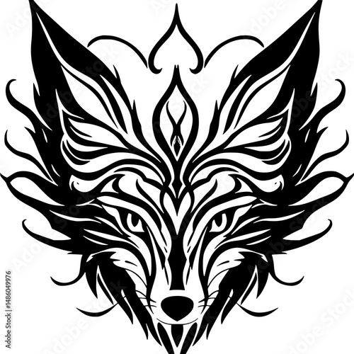 Fox Head in Ink: A stylized, monochrome illustration depicts a fox's head with intricate, swirling patterns and bold lines, creating a fierce yet elegant design.