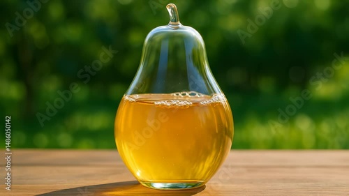 Close-up of pear juice swirling inside a transparent glass shaped like a pear, placed on a wooden surface outdoors. Bright natural light of the juice, a fresh and healthy summer atmosphere.