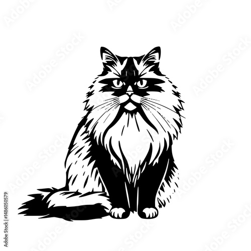 Longhair Cat Portrait: A striking monochrome ink illustration depicts a fluffy longhair cat with intense gaze, showcasing its luxurious fur and elegant posture.