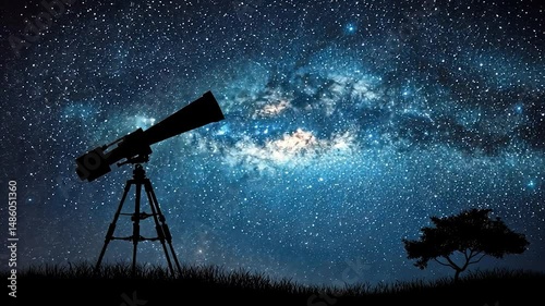 Silhouette telescope points to night sky.