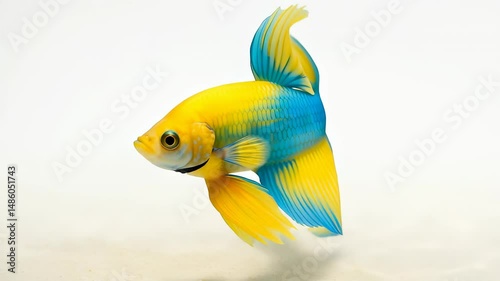 Close-up of a vibrant yellow and blue betta fish swimming gracefully against a minimal white background. The elegant fins and bright colors create a clean and visually striking aquatic scene.