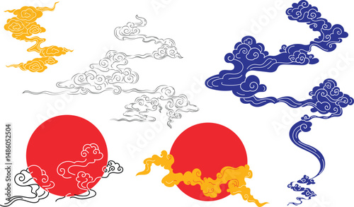 Celestial Clouds and Sun in Traditional Asian Art Style