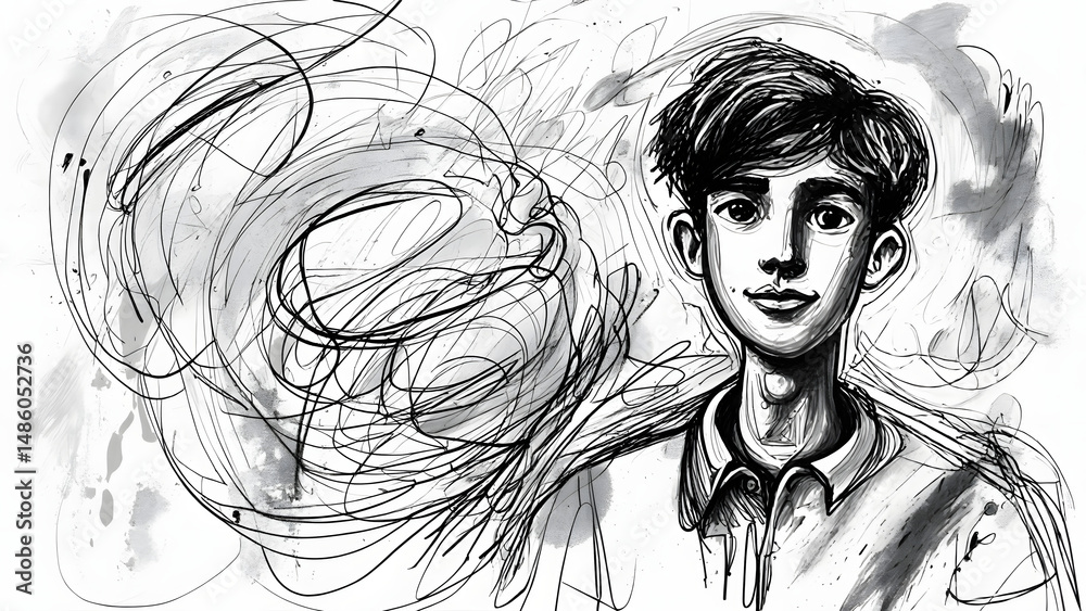 Fototapeta premium Intricate Ink Drawing of a Young Man, Abstract Background