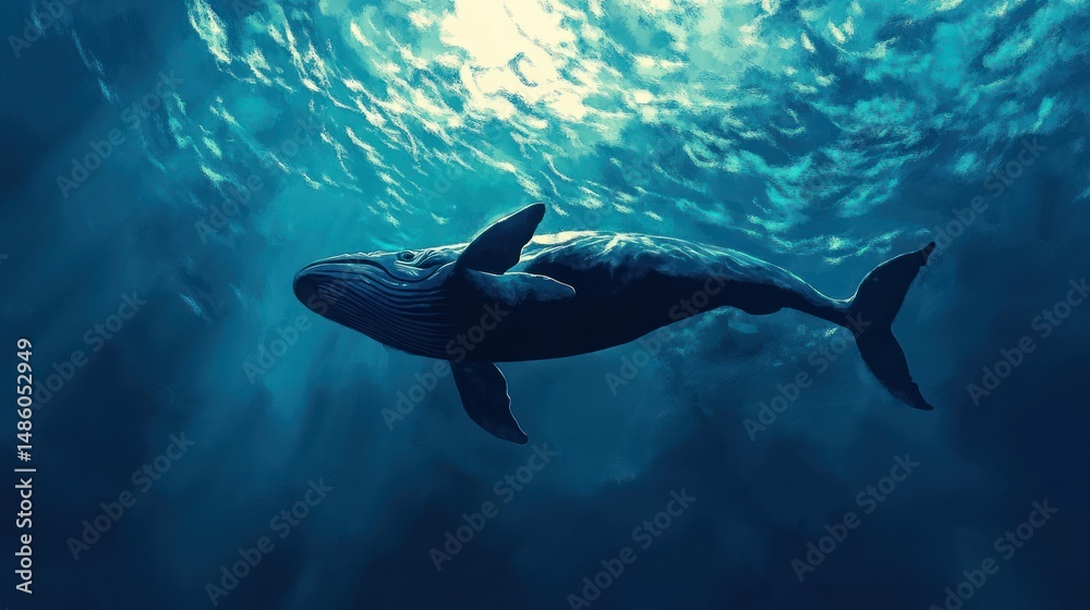 Obraz premium Humpback Whale Journeying Through the Underwater Depths in the Deep Ocean