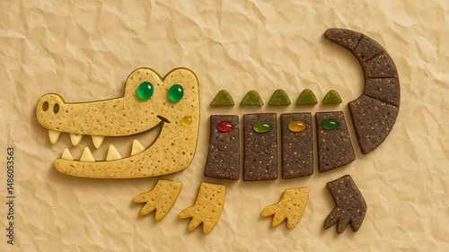 Creative composition of a crocodile made from assorted cookies, crackers, and jelly candies arranged on crumpled paper. A playful and colorful food art concept perfect for kids or themed content.