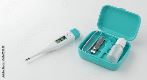 Essential Travel First-Aid Kit Digital Thermometer, Tweezers, Nail Clippers, and Eye Drops photo
