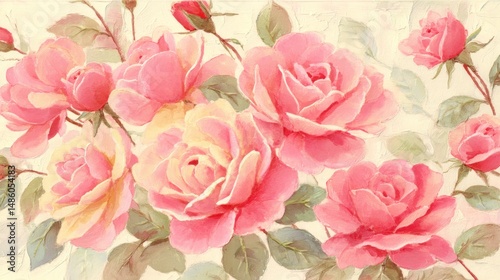 Delicate pink and yellow roses painted on a cream background, showcasing lush blossoms and buds