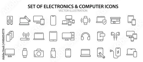 set linear electronics icons computer technology icons simple design vector illustration