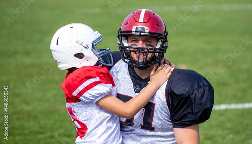 Football Player Hugged By A Young Person In Red And White Uniform On Green Field