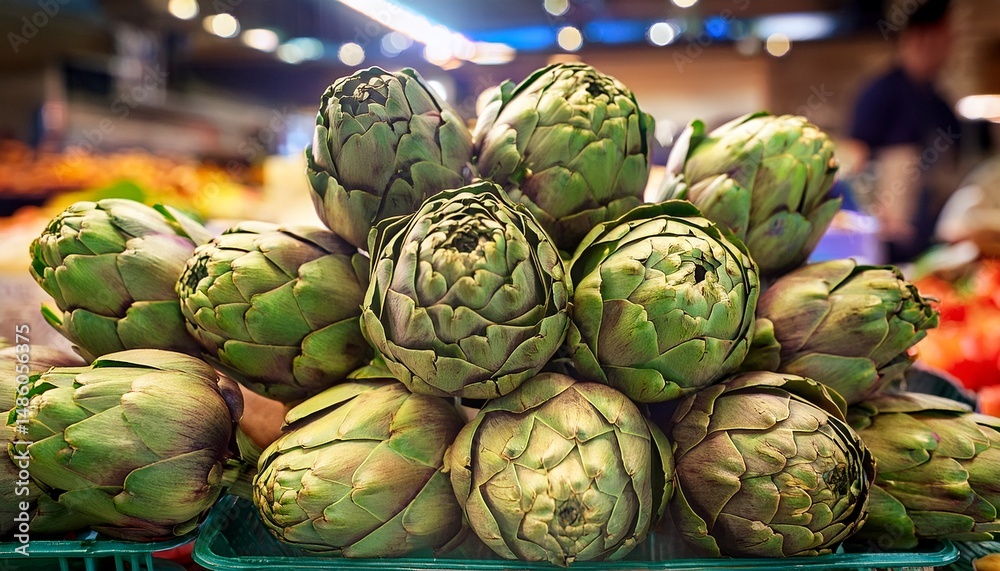 Fototapeta premium Close-up of fresh organic artichokes displayed at a local weekend market, showing texture, natural color, and freshness of seasonal vegetables.