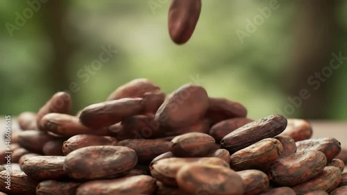 Close up view of raw dried cocoa beans falling and piling up. Represents chocolate production process natural ingredients agriculture and origin. Ideal for food and Chocolate Day themes