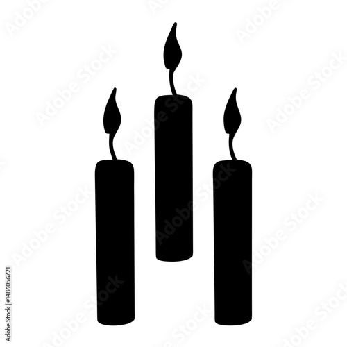 Three black candles with flames symbolize remembrance or somber reflection art