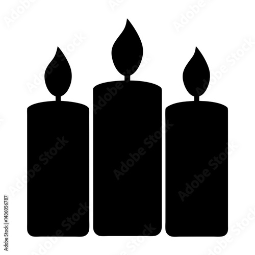 Black silhouette of three candles burning brightly on a white background