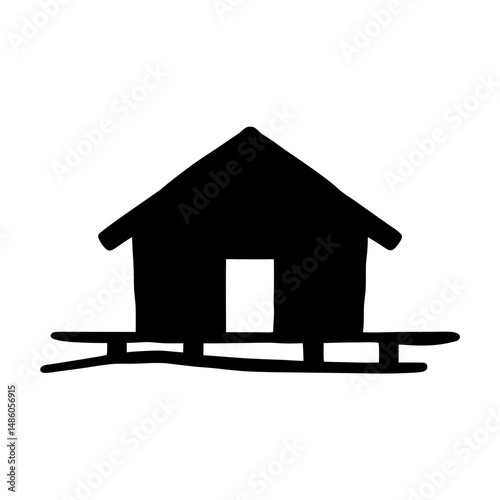 Simple black silhouette of a stilt house with a rustic charm