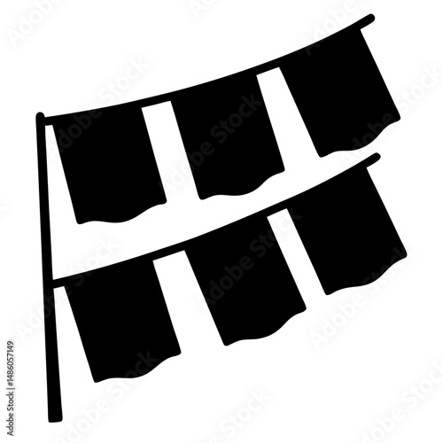 Simple illustration of festive bunting flags hanging on a solid black background