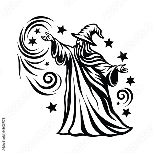 Wizard Black Silhouette with Pointing Hand and Stars Around in White Background